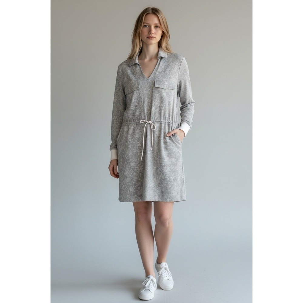 ATHLETA Zuma Printed Shirt Dress Cream Gray Lightweight Waist‎ Tie Size Medium